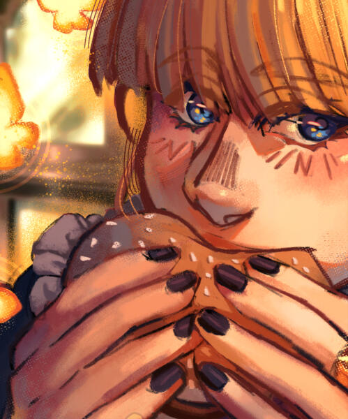 Close up of a painting of Beatrice from Umineko eating a burger, showcasing the painting brushes used.