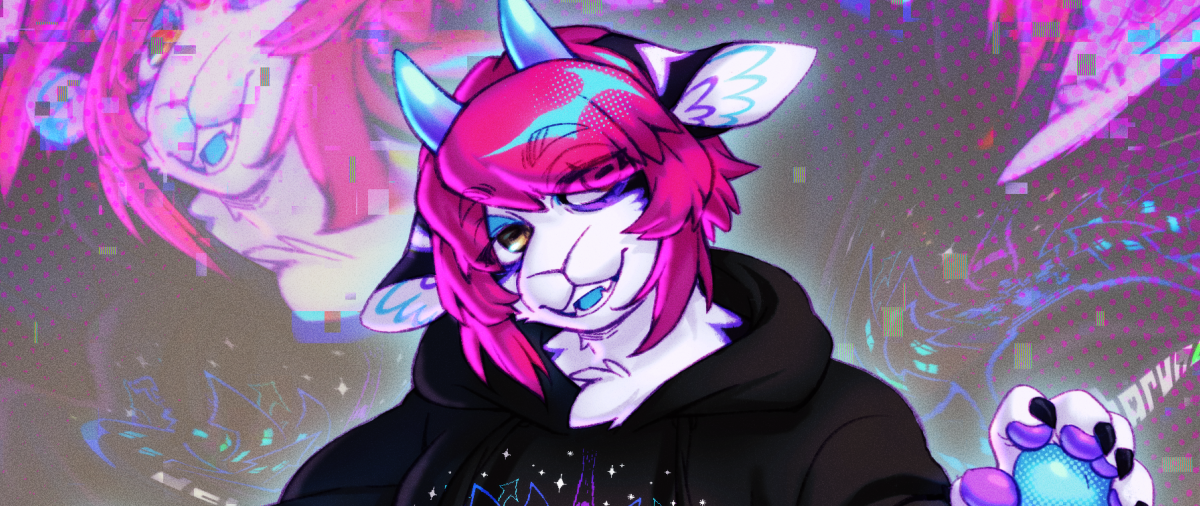 Headshot art of the artist's fursona, a goat with short horns and short hair using a neon pink/blue/yellow/white/dark purple color scheme, with glitchy effects in the background.
