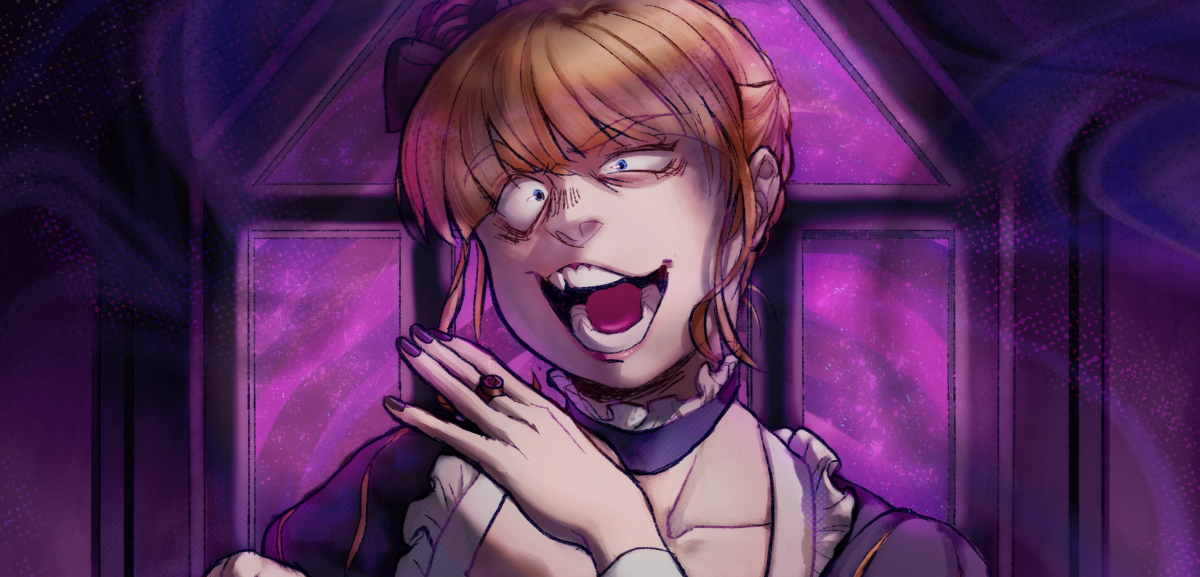 Art of Beatrice from Umineko, her hand held to her face as she laughs with a maniacal facial expression.