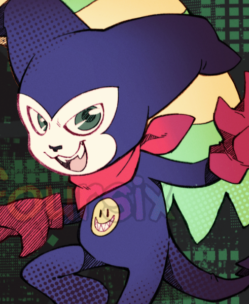 Closeup of art of Impmon from Digimon, showcasing the halftone and glitchy-looking brushes used.